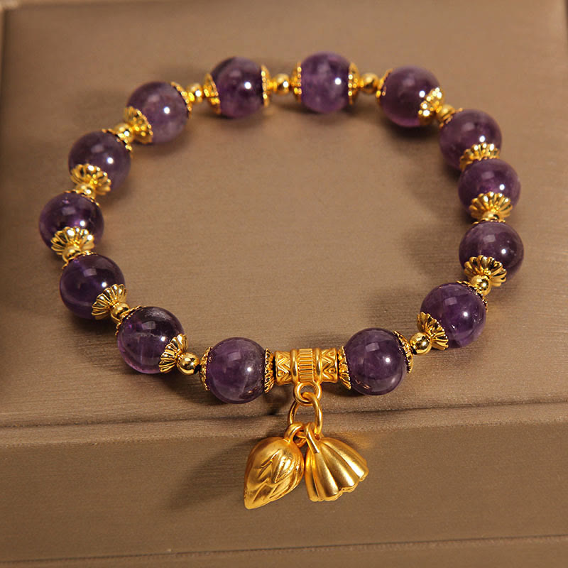 Bracelet spirituel de guérison en améthyste naturelle et lotus en Buddha Stones