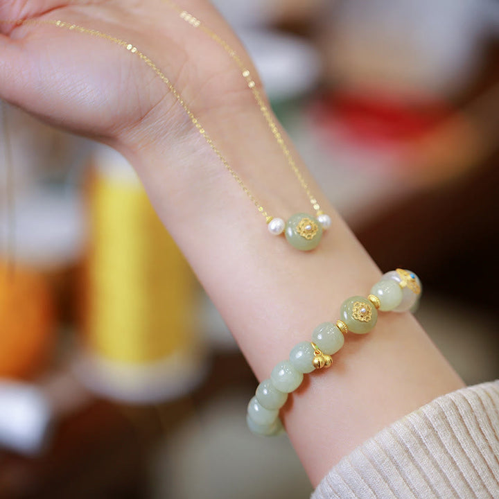 Ensemble collier et bracelet porte-bonheur en jade Hetian naturel plaqué or en argent sterling 925 avec Buddha Stones