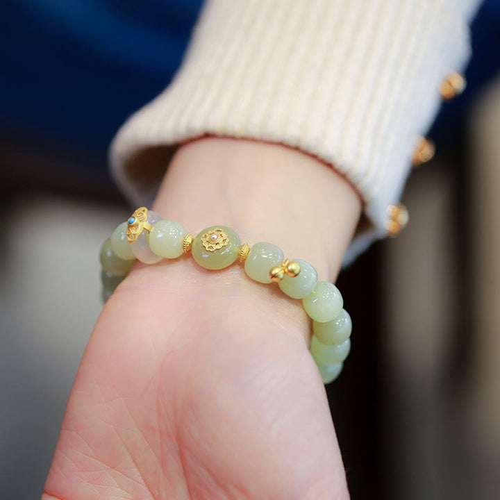 Ensemble collier et bracelet porte-bonheur en jade Hetian naturel plaqué or en argent sterling 925 avec Buddha Stones