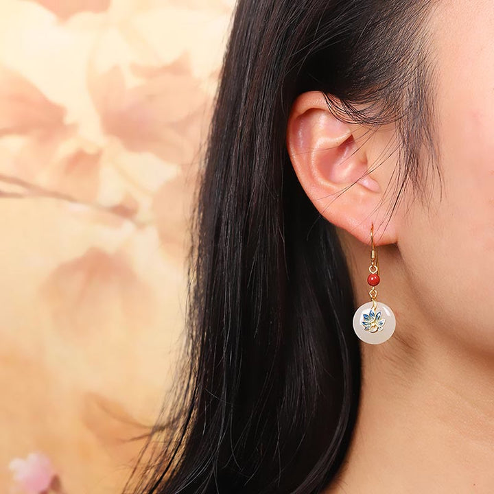 Ensemble de boucles d'oreilles et collier avec pendentif en jade blanc naturel Hetian en argent sterling 925 et Buddha Stones