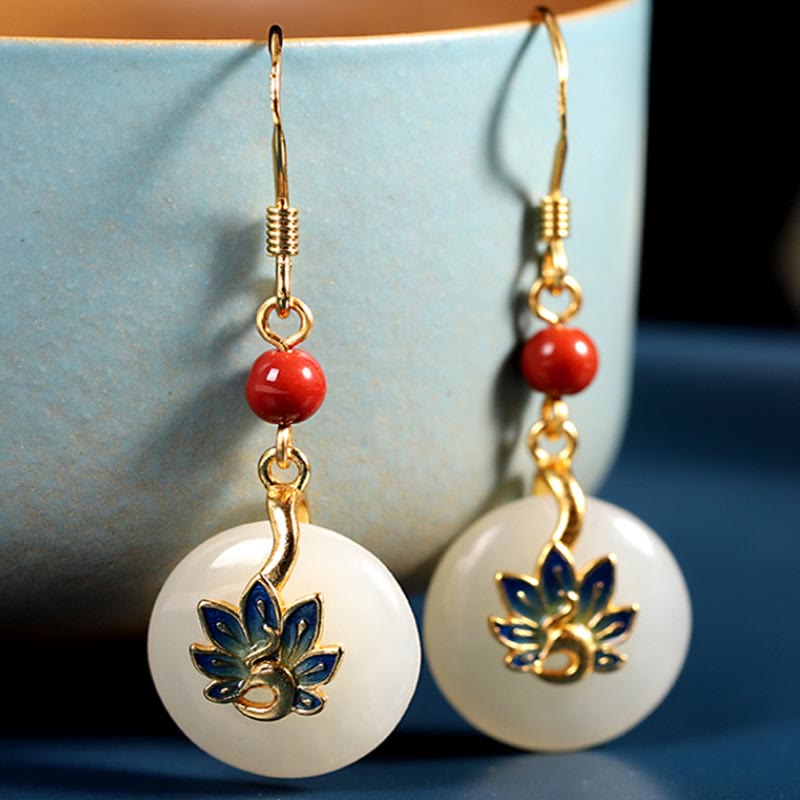 Ensemble de boucles d'oreilles et collier avec pendentif en jade blanc naturel Hetian en argent sterling 925 et Buddha Stones