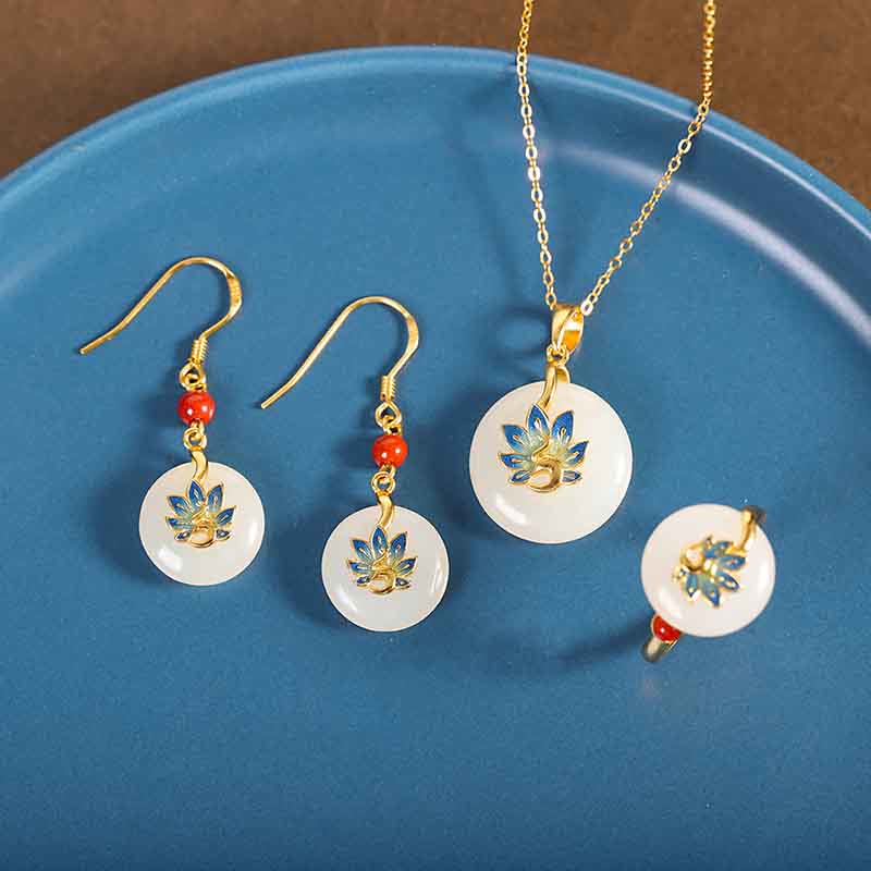 Ensemble de boucles d'oreilles et collier avec pendentif en jade blanc naturel Hetian en argent sterling 925 et Buddha Stones