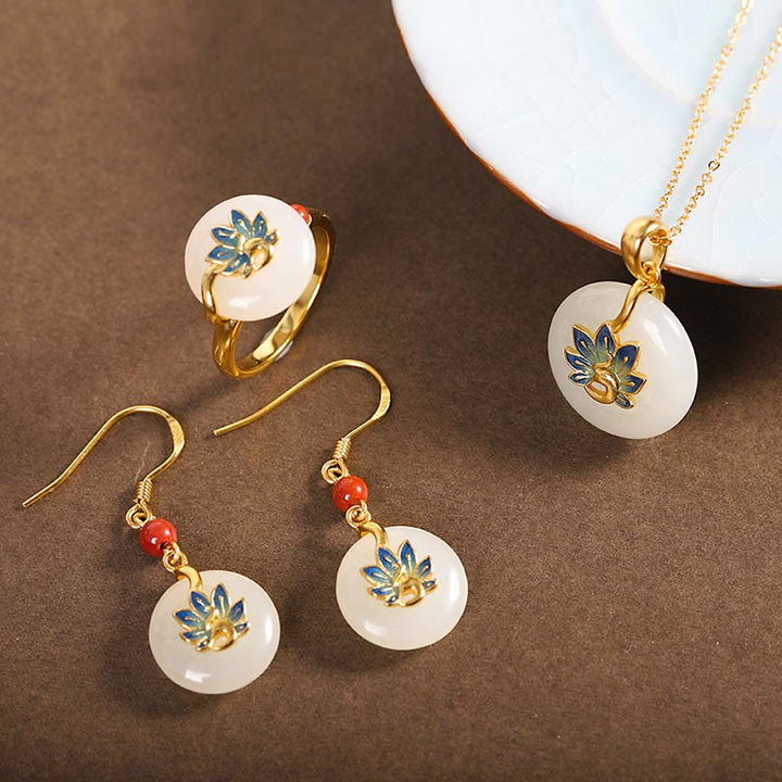 Ensemble de boucles d'oreilles et collier avec pendentif en jade blanc naturel Hetian en argent sterling 925 et Buddha Stones