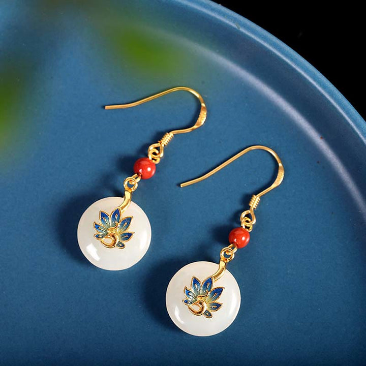 Ensemble de boucles d'oreilles et collier avec pendentif en jade blanc naturel Hetian en argent sterling 925 et Buddha Stones