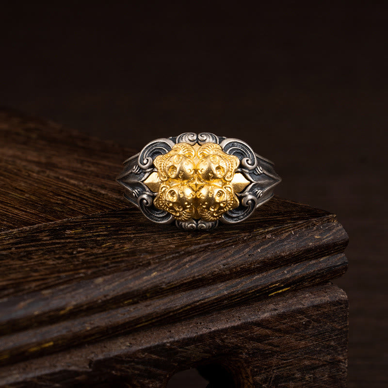 Bague ajustable en argent sterling 925 avec protection du crâne tibétain et Buddha Stones - Circonférence : 7,2 cm (réglable) - image 0