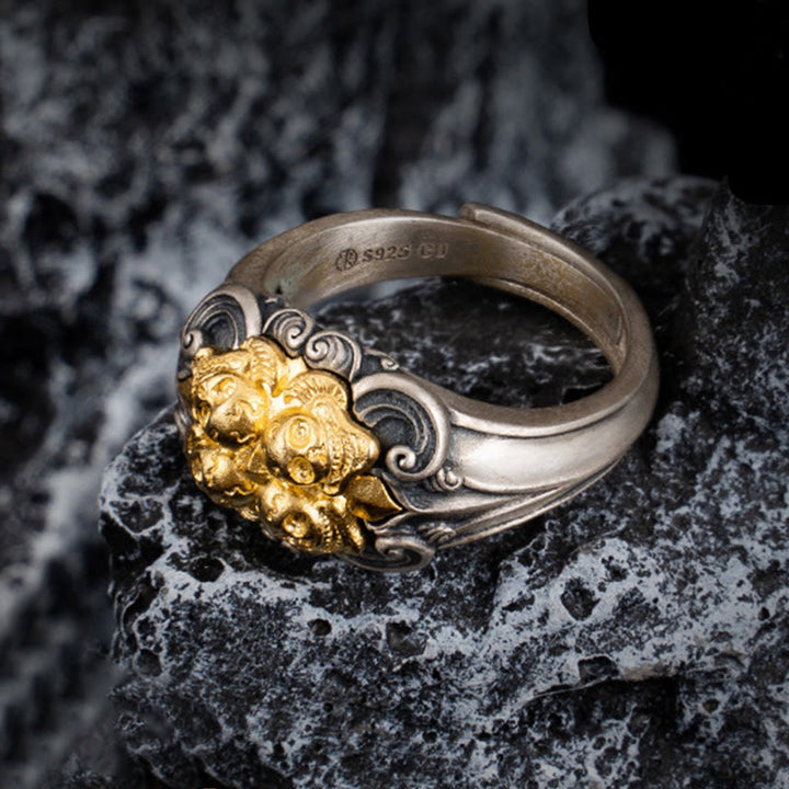 Bague ajustable en argent sterling 925 avec protection du crâne tibétain et Buddha Stones - image 1