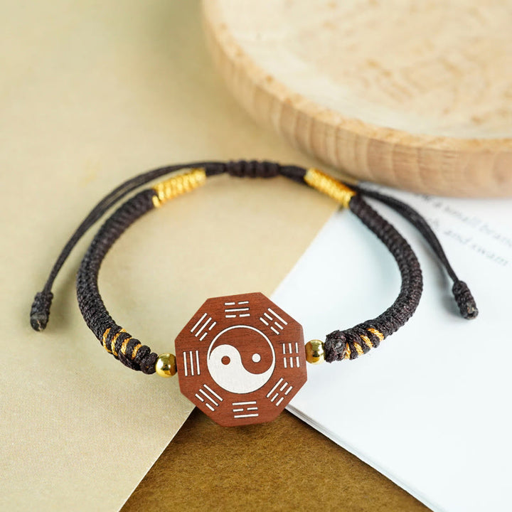 Bracelet de protection de la Grande Ourse en Buddha Stones, petite feuille, bois de santal rouge, bois de jujubier, bois d'ébène, incrustation d'argent, Yin Yang, Bagua
