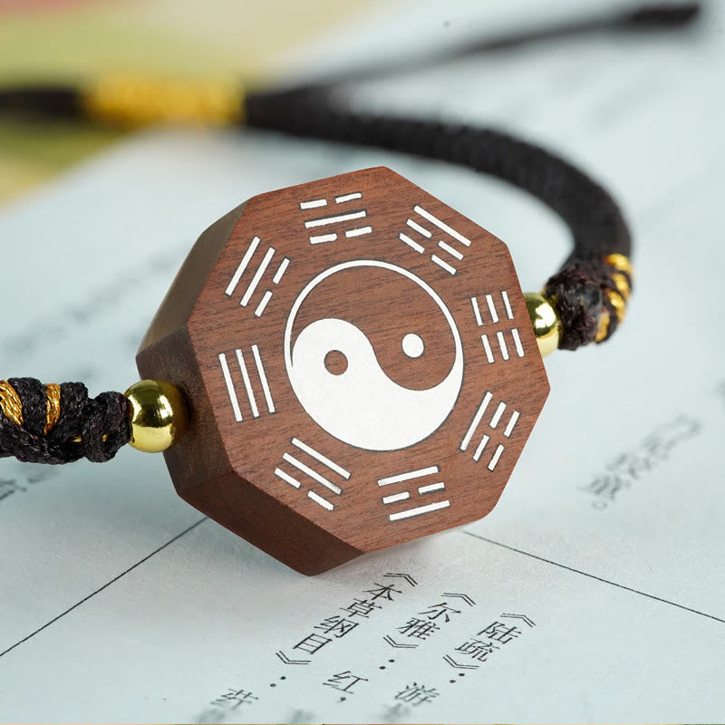Bracelet de protection de la Grande Ourse en Buddha Stones, petite feuille, bois de santal rouge, bois de jujubier, bois d'ébène, incrustation d'argent, Yin Yang, Bagua