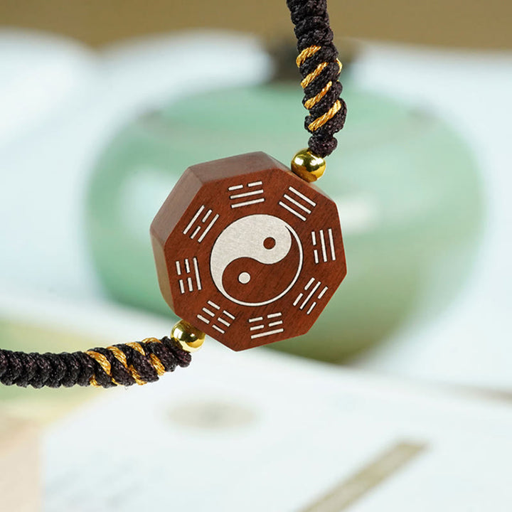 Bracelet de protection de la Grande Ourse en Buddha Stones, petite feuille, bois de santal rouge, bois de jujubier, bois d'ébène, incrustation d'argent, Yin Yang, Bagua