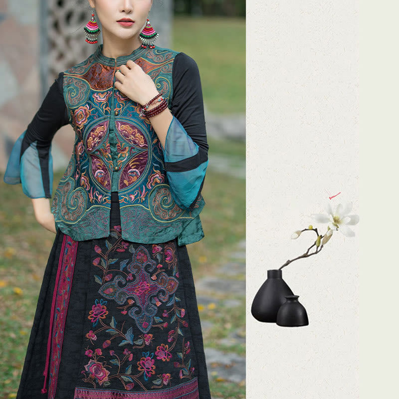 Gilet sans manches avec broderie de fleurs style vintage et Buddha Stones - image 7