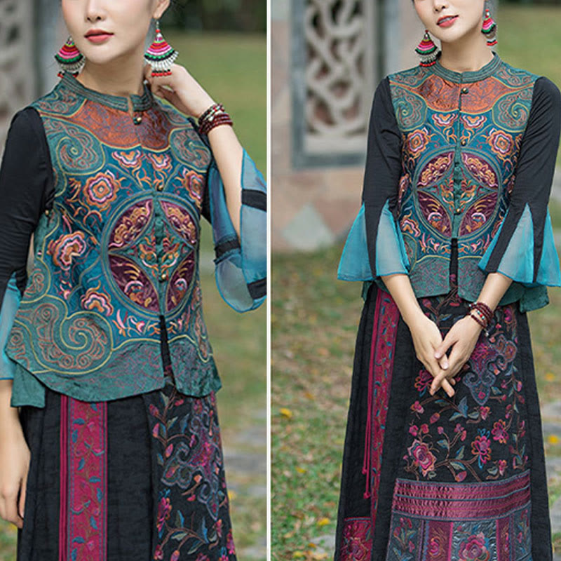 Gilet sans manches avec broderie de fleurs style vintage et Buddha Stones - image 6