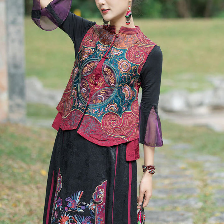 Gilet sans manches avec broderie de fleurs style vintage et Buddha Stones - Rouge (gilet uniquement) - 2XL(Buste 100cm/Épaule 40cm/Longueur 59cm) - image 17