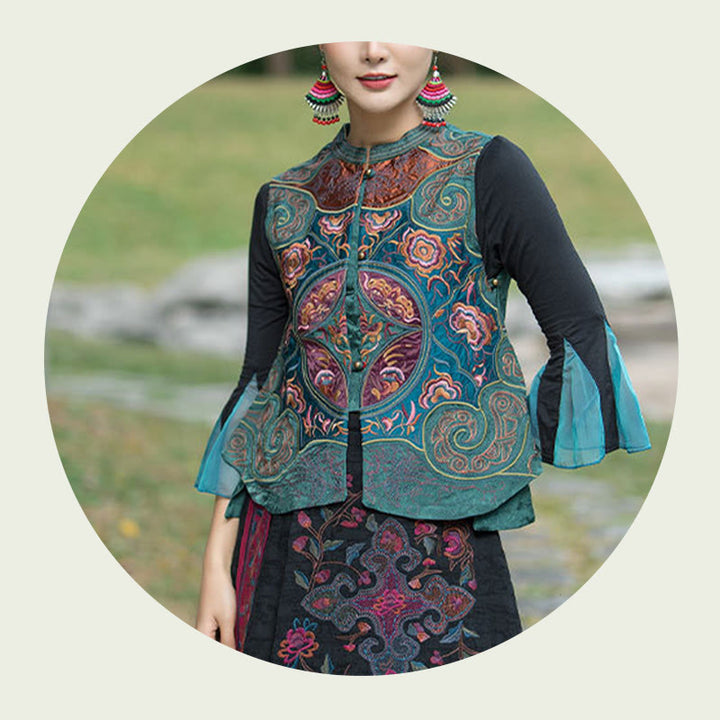 Gilet sans manches avec broderie de fleurs style vintage et Buddha Stones - image 8