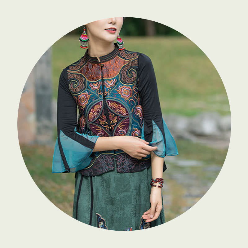 Gilet sans manches avec broderie de fleurs style vintage et Buddha Stones - image 16