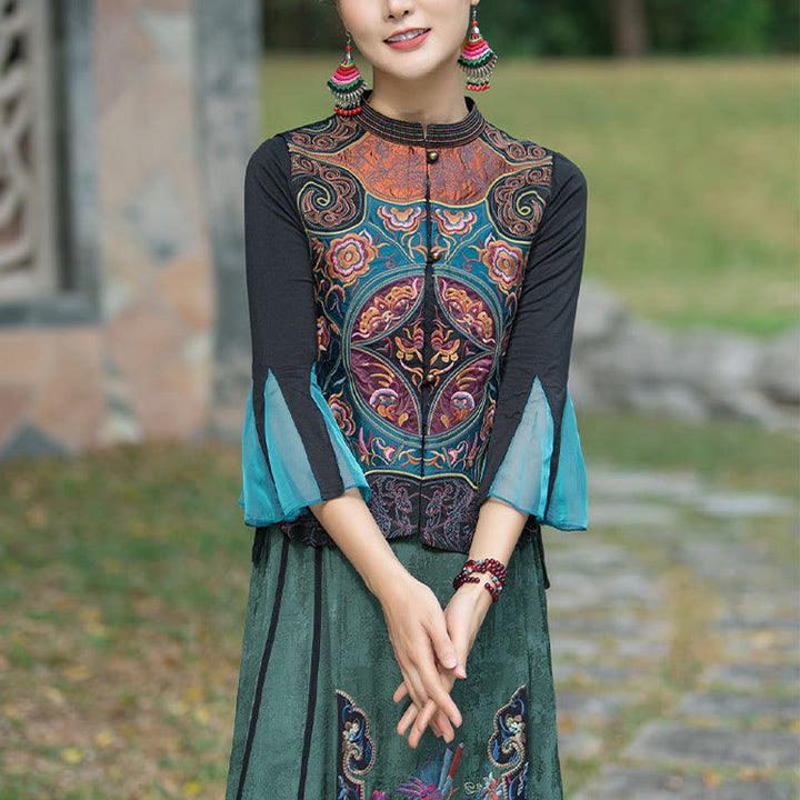 Gilet sans manches avec broderie de fleurs style vintage et Buddha Stones - Noir (gilet uniquement) - 2XL(Buste 100cm/Épaule 40cm/Longueur 59cm) - image 9