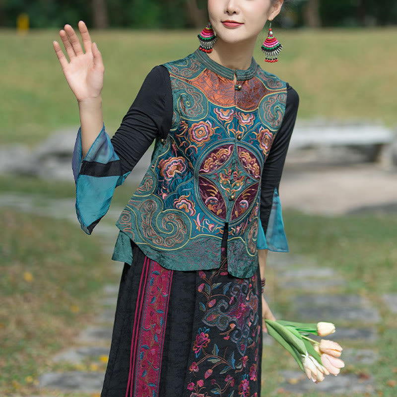 Gilet sans manches avec broderie de fleurs style vintage et Buddha Stones - image 5