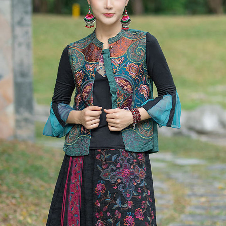 Gilet sans manches avec broderie de fleurs style vintage et Buddha Stones - Vert (Gilet uniquement) - 2XL(Tour de poitrine 100 cm / Largeur d'épaules 40 cm / Longueur 59 cm) - image 0