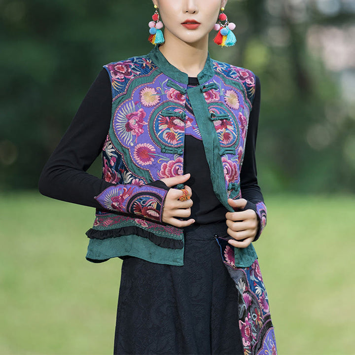 Gilet sans manches en coton et lin avec broderie de fleurs et de boutons de grenouilles et de Buddha Stones - image 1