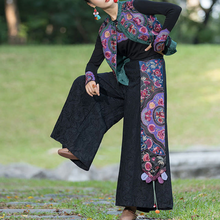 Gilet sans manches en coton et lin avec broderie de fleurs et de boutons de grenouilles et de Buddha Stones - image 7