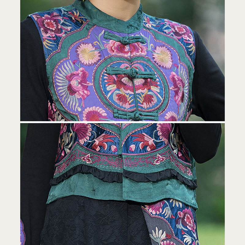Gilet sans manches en coton et lin avec broderie de fleurs et de boutons de grenouilles et de Buddha Stones - image 8