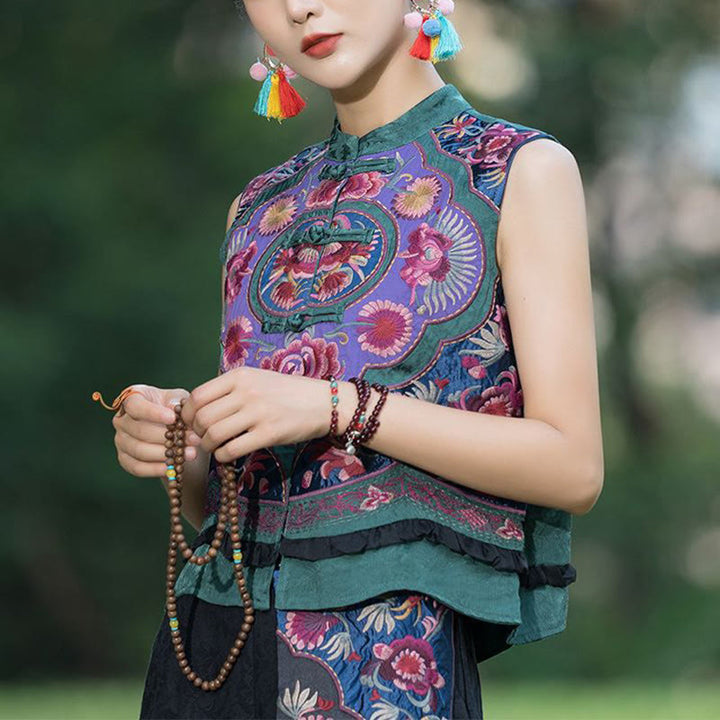 Gilet sans manches en coton et lin avec broderie de fleurs et de boutons de grenouilles et de Buddha Stones - image 4