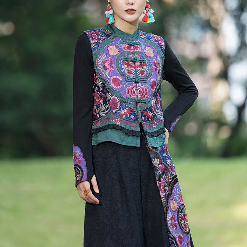 Gilet sans manches en coton et lin avec broderie de fleurs et de boutons de grenouilles et de Buddha Stones - image 3