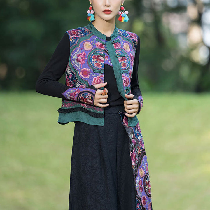 Gilet sans manches en coton et lin avec broderie de fleurs et de boutons de grenouilles et de Buddha Stones - image 2