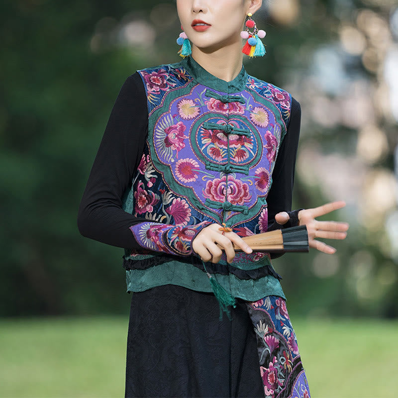 Gilet sans manches en coton et lin avec broderie de fleurs et de boutons de grenouilles et de Buddha Stones - US8-10，UK/AU12-14，EU40-42 (2XL)- (Gilet uniquement) - image 0