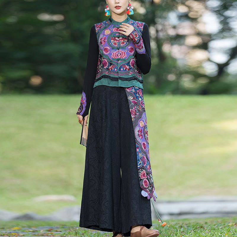 Gilet sans manches en coton et lin avec broderie de fleurs et de boutons de grenouilles et de Buddha Stones - image 5