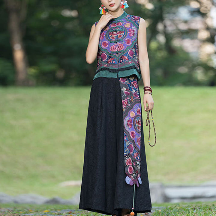 Gilet sans manches en coton et lin avec broderie de fleurs et de boutons de grenouilles et de Buddha Stones - image 6