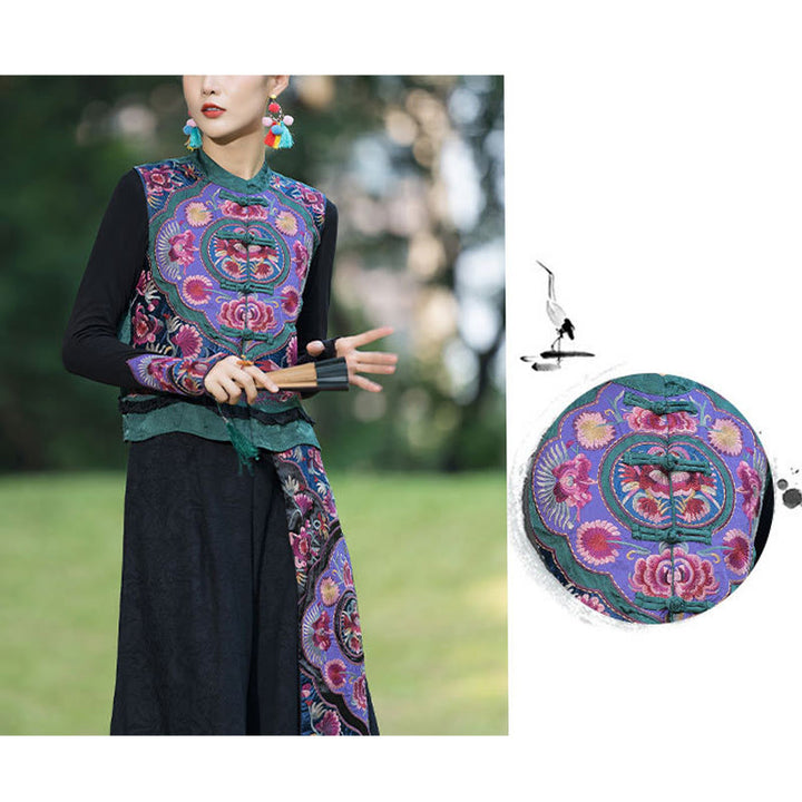 Gilet sans manches en coton et lin avec broderie de fleurs et de boutons de grenouilles et de Buddha Stones - image 9