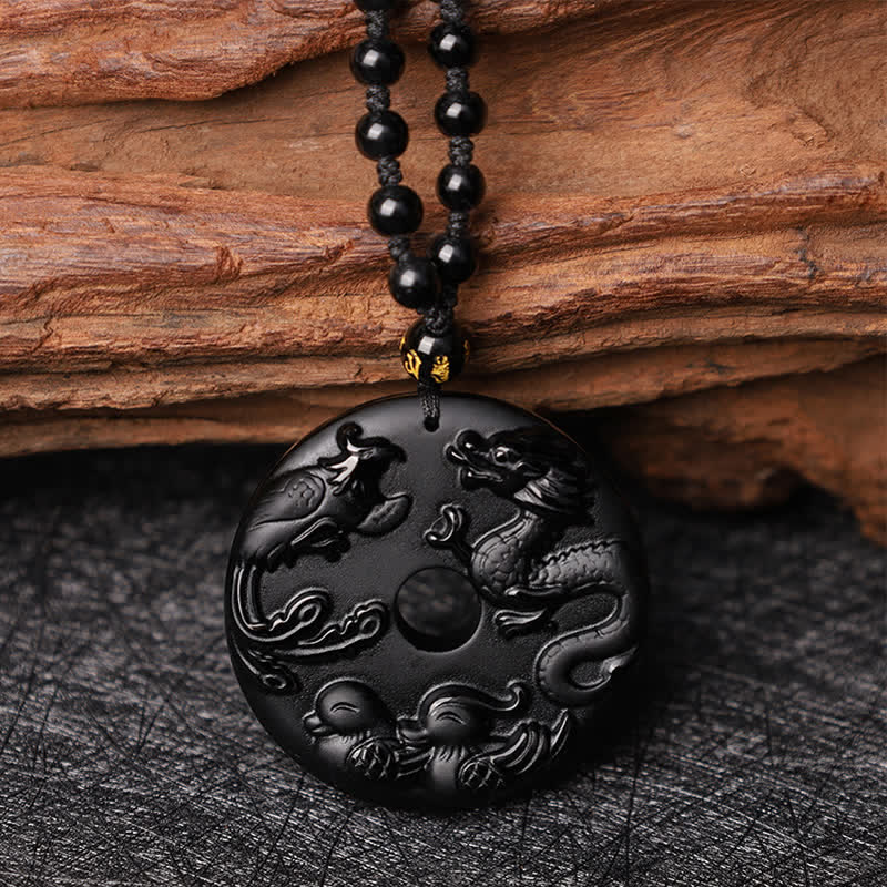Collier pendentif protection chance canard mandarin dragon phénix obsidienne noire Buddha Stones