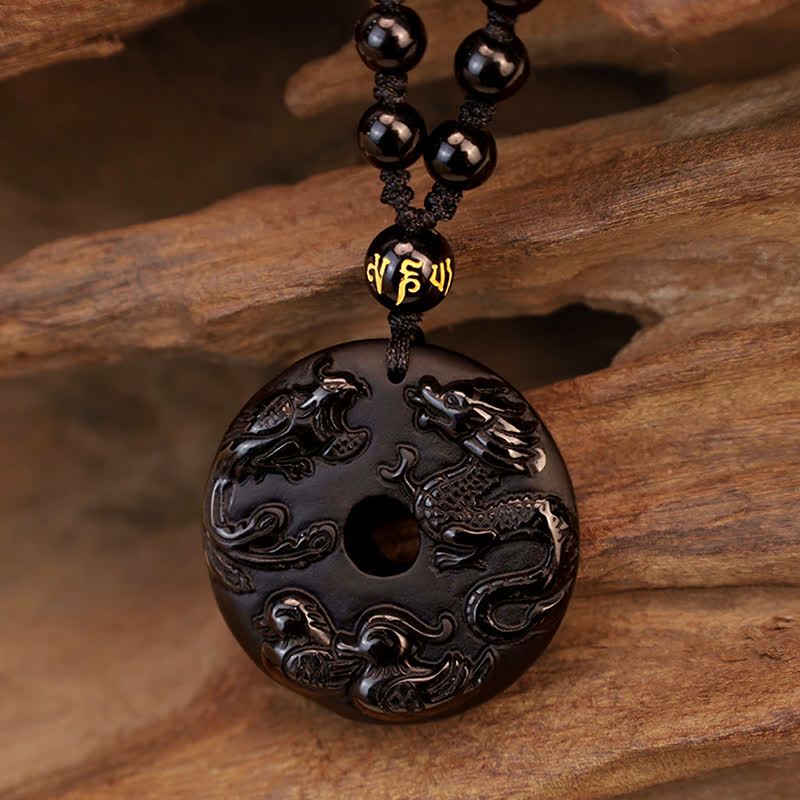 Collier pendentif protection chance canard mandarin dragon phénix obsidienne noire Buddha Stones