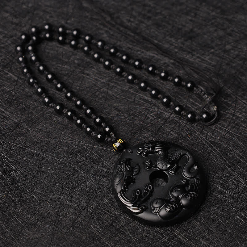Collier pendentif protection chance canard mandarin dragon phénix obsidienne noire Buddha Stones