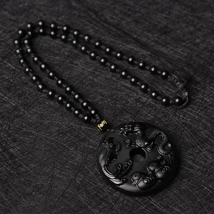 Collier pendentif protection chance canard mandarin dragon phénix obsidienne noire Buddha Stones
