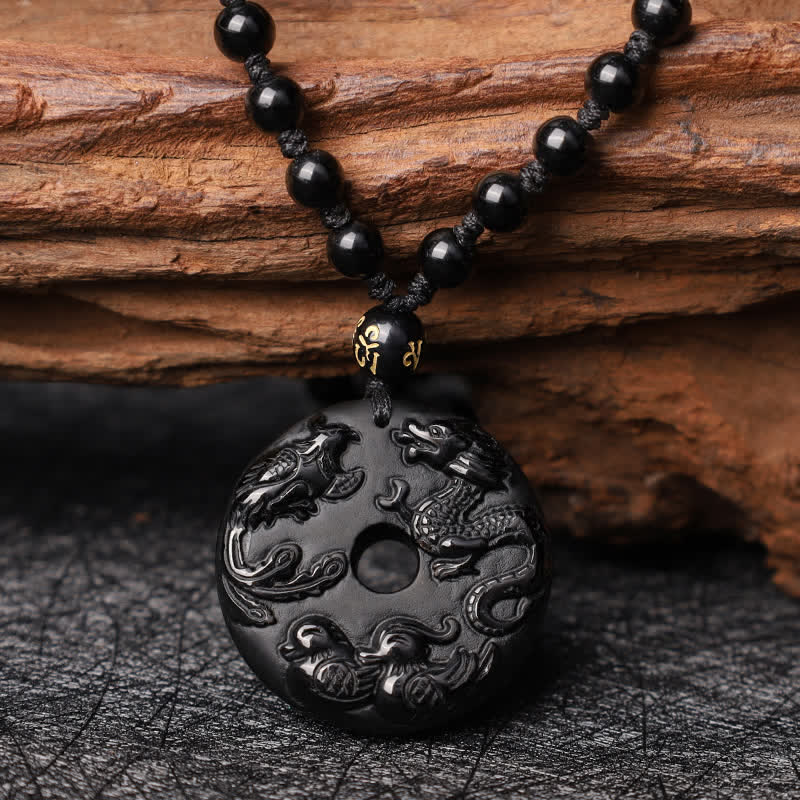 Collier pendentif protection chance canard mandarin dragon phénix obsidienne noire Buddha Stones