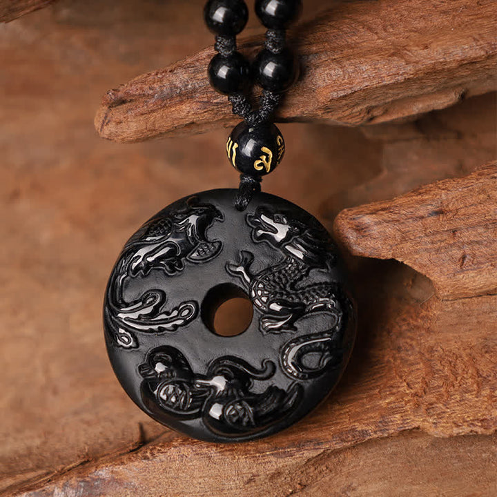 Collier pendentif protection chance canard mandarin dragon phénix obsidienne noire Buddha Stones