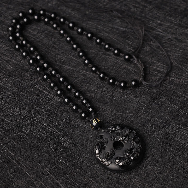 Collier pendentif protection chance canard mandarin dragon phénix obsidienne noire Buddha Stones