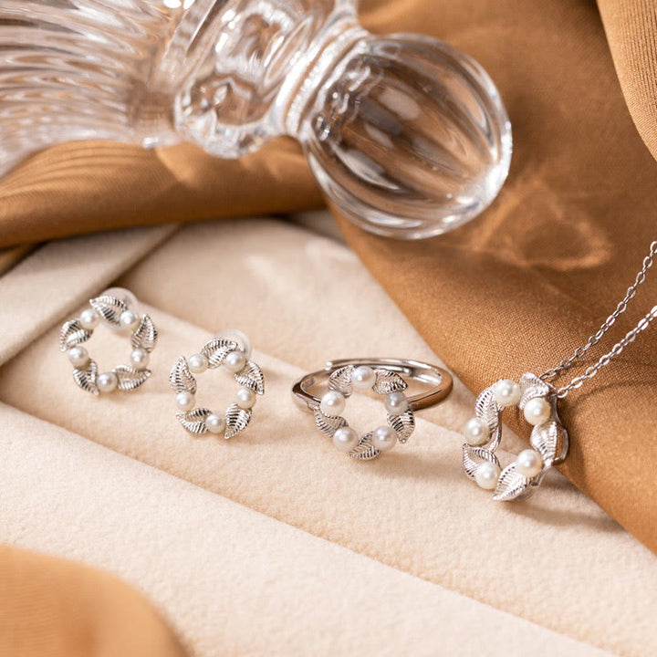 Ensemble de boucles d'oreilles, collier, pendentif, bague et bague en argent sterling 925 avec perles et feuilles de Buddha Stones - Ensemble de 3 pièces (collier, boucles d'oreilles et bague) - image 0