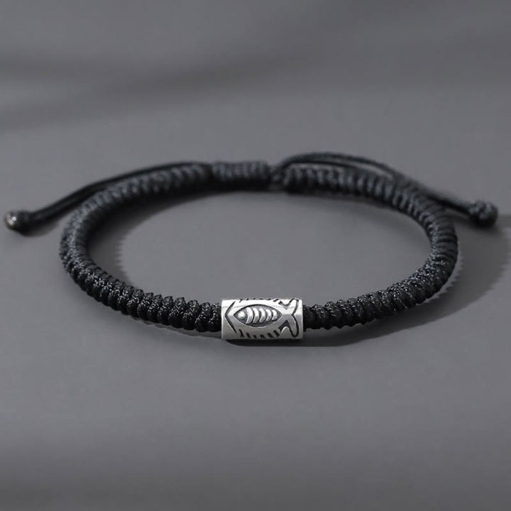 Bracelet en corde noire Buddha Stones et poisson koï du Tibet