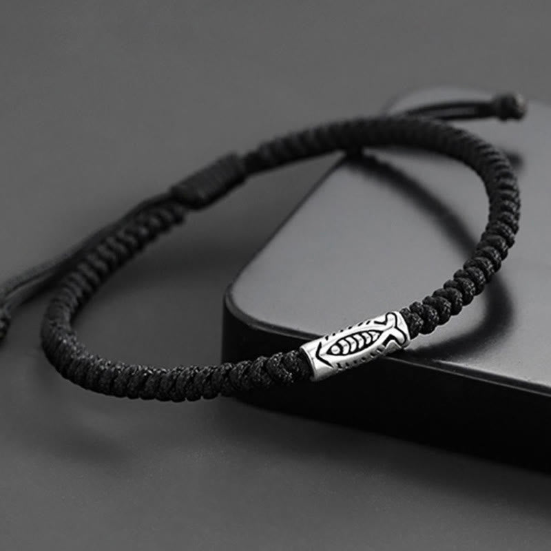 Bracelet en corde noire Buddha Stones et poisson koï du Tibet