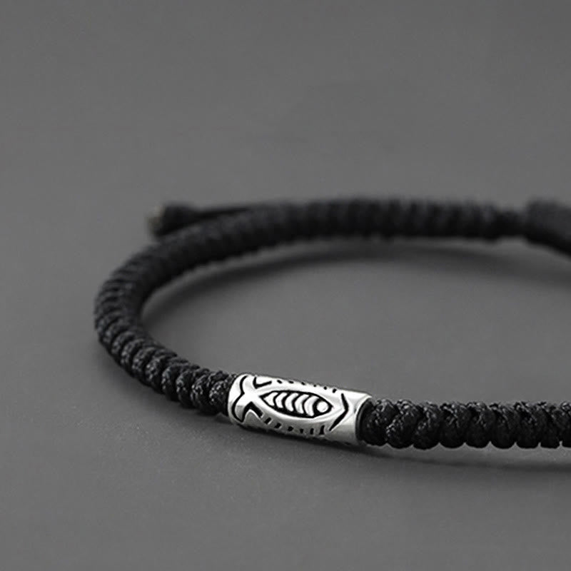 Bracelet en corde noire Buddha Stones et poisson koï du Tibet