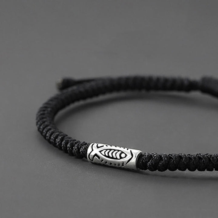 Bracelet en corde noire Buddha Stones et poisson koï du Tibet