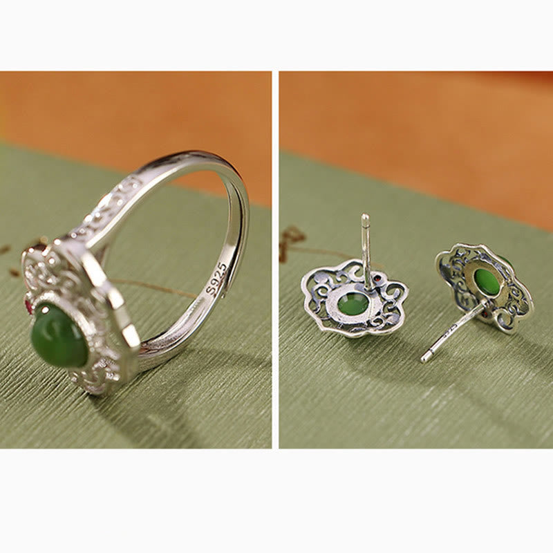 Ensemble de boucles d'oreilles et bague porte-bonheur en argent sterling 925 avec Buddha Stones en jade cyan Hetian naturel