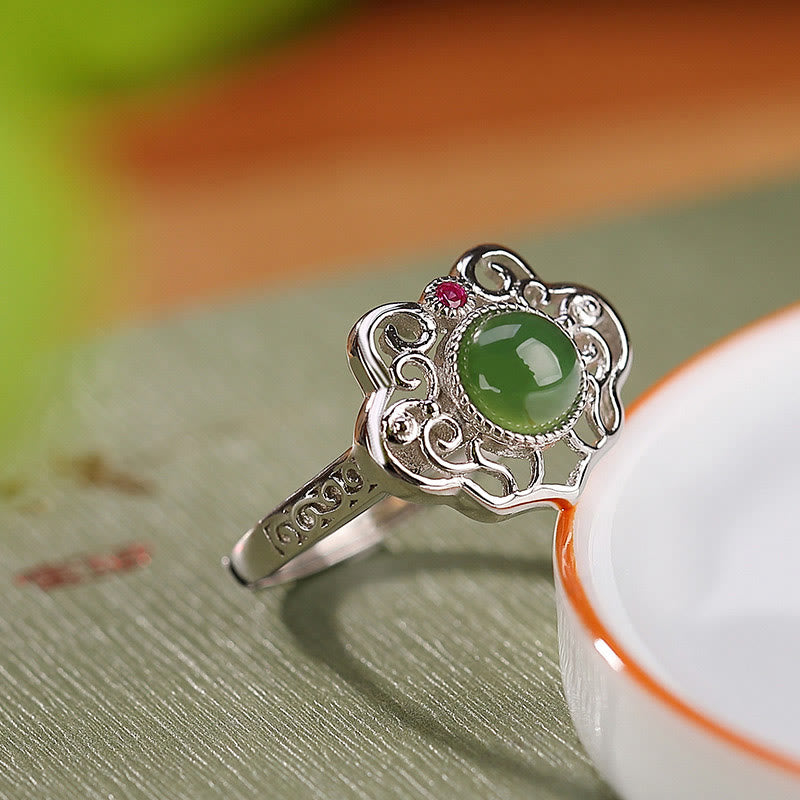Ensemble de boucles d'oreilles et bague porte-bonheur en argent sterling 925 avec Buddha Stones en jade cyan Hetian naturel