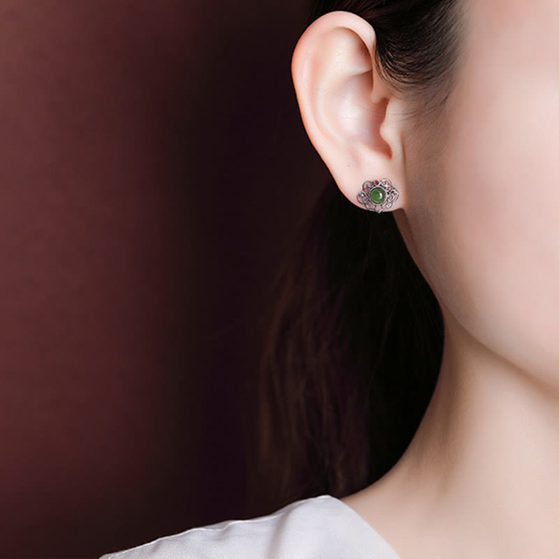 Ensemble de boucles d'oreilles et bague porte-bonheur en argent sterling 925 avec Buddha Stones en jade cyan Hetian naturel