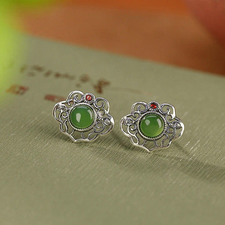 Ensemble de boucles d'oreilles et bague porte-bonheur en argent sterling 925 avec Buddha Stones en jade cyan Hetian naturel