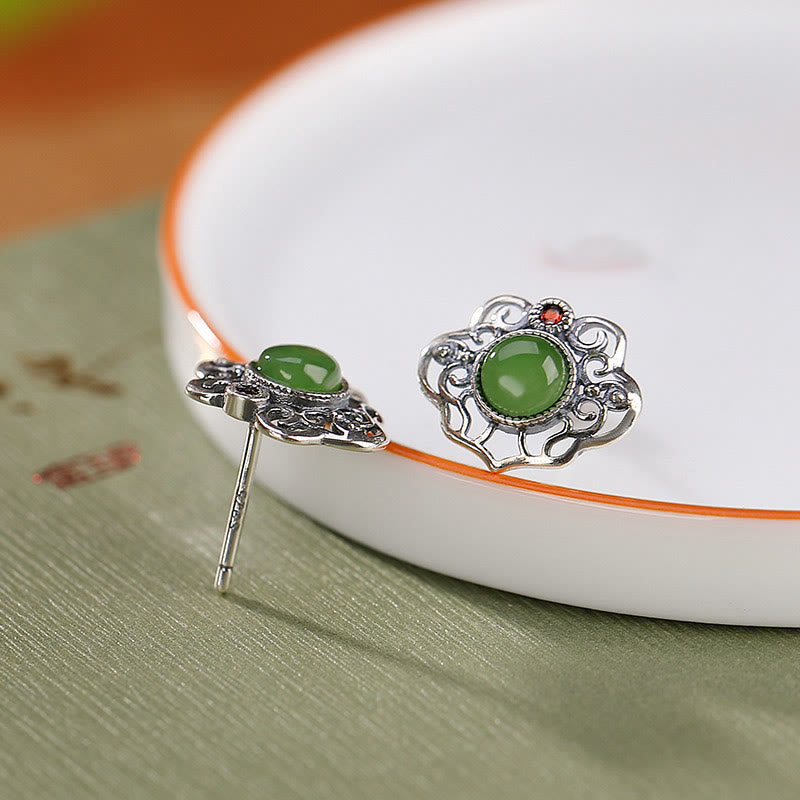 Ensemble de boucles d'oreilles et bague porte-bonheur en argent sterling 925 avec Buddha Stones en jade cyan Hetian naturel