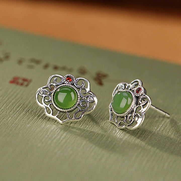 Ensemble de boucles d'oreilles et bague porte-bonheur en argent sterling 925 avec Buddha Stones en jade cyan Hetian naturel