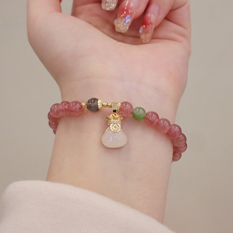 Bracelet de guérison en jade et quartz fraise naturel avec boucle de paix et porte-monnaie en Buddha Stones